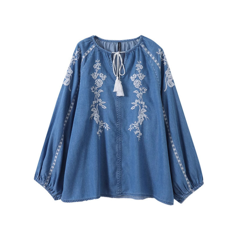 Women Denim Blouse Top Flower  - Tassel Fringe Trim ulasan dan harga