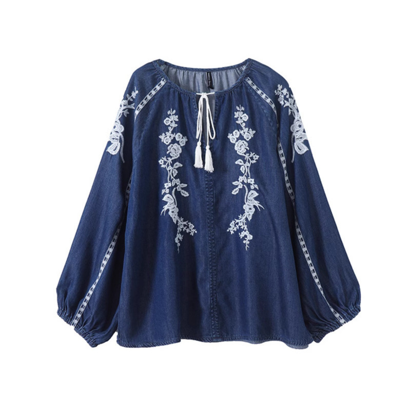 Women Denim Blouse Top Flower  - Tassel Fringe Trim ulasan dan harga