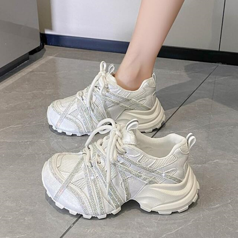 7CM Chunky Sneakers Women Casu - Crystal Mesh Fabric ulasan dan harga