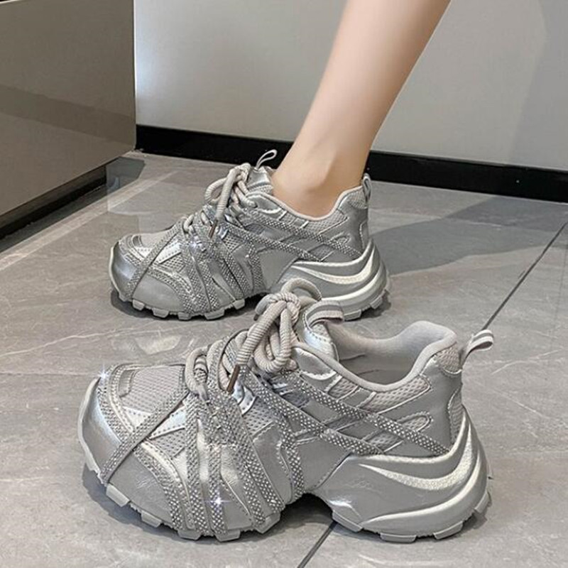 7CM Chunky Sneakers Women Casu - Crystal Mesh Fabric ulasan dan harga